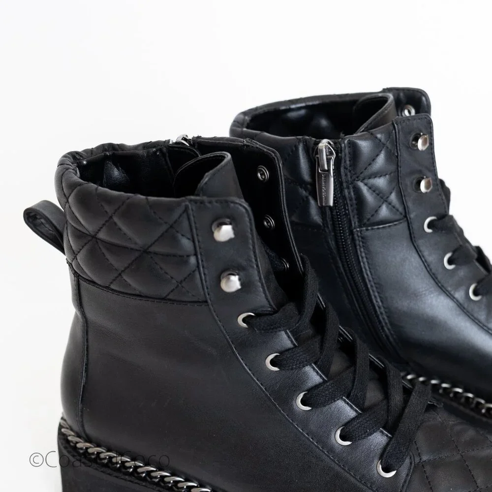 Vince Camuto Merindil Leather Combat Boots 8.5 Black Quilted Metal Chain Chunky - Picture 7 of 13